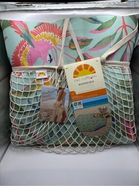 C&C California Reversible Outdoor Blanket w/ Mint, Pink & Yellow Tropical Print